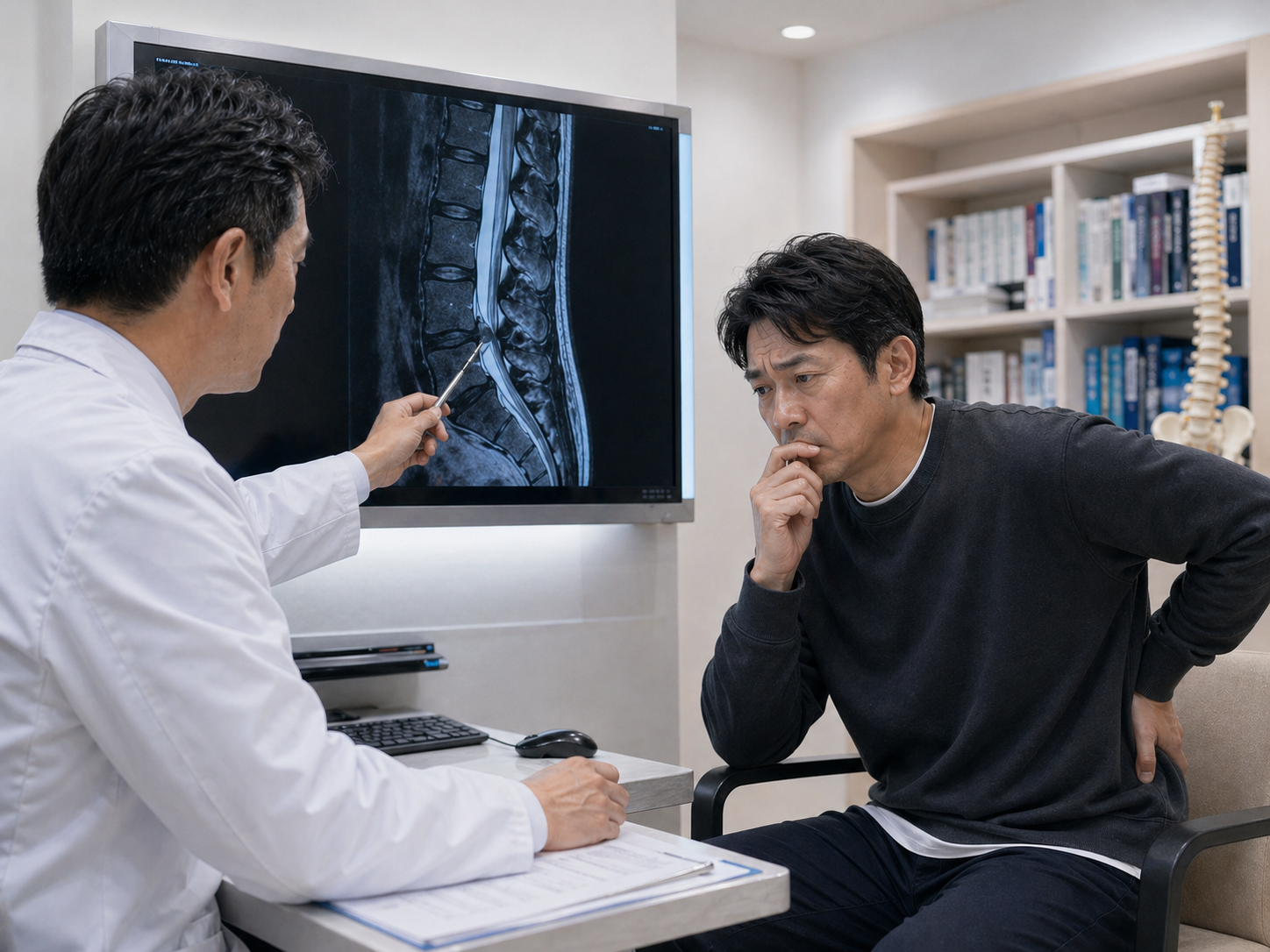 MRI画像を前に手術への不安を感じる男性