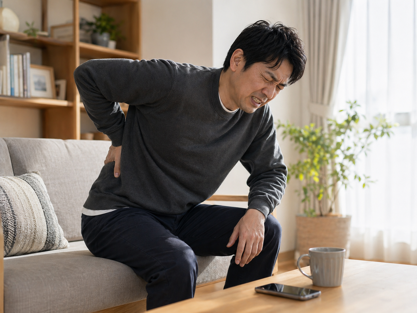 腰から足への痛みとしびれで立ち上がれない男性