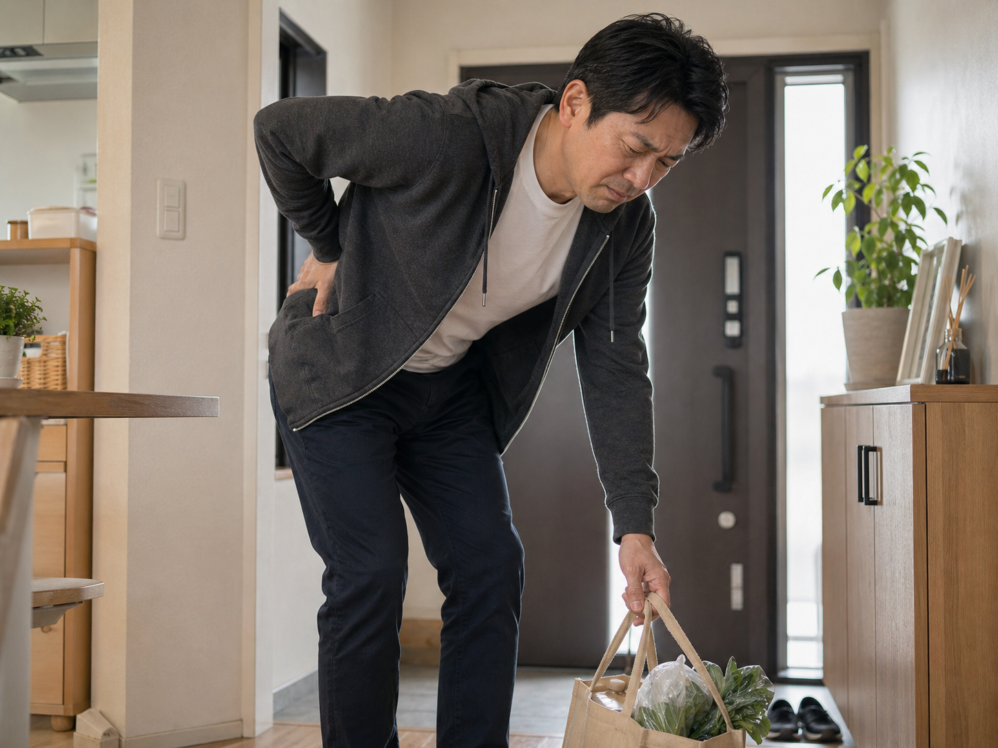 仕事中に腰の痛みで立ち止まる男性