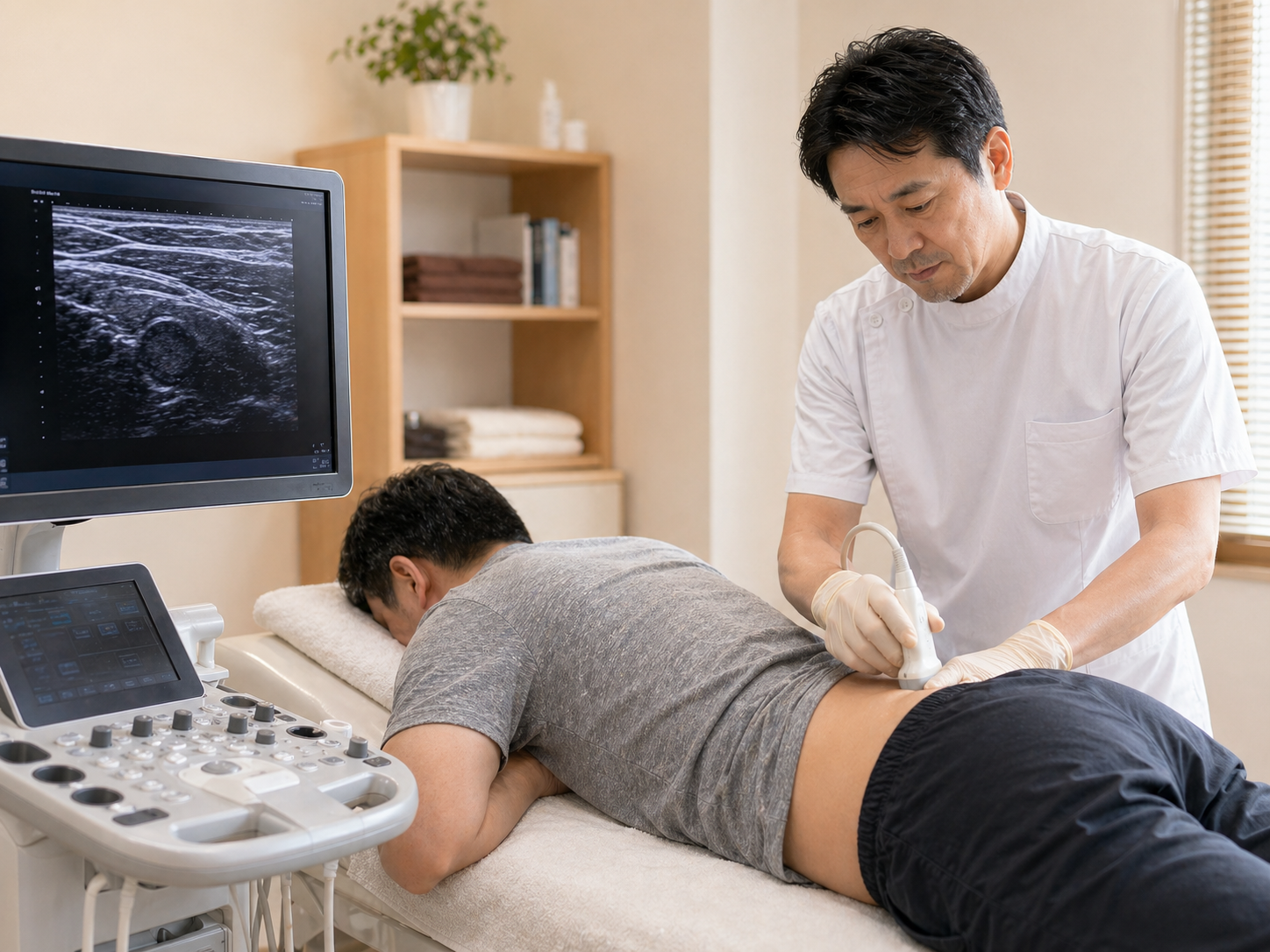 若い施術スタッフによる腰部の検査イメージ