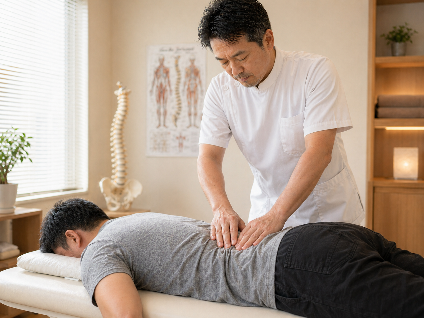 若い施術スタッフによる腰部への手技施術イメージ