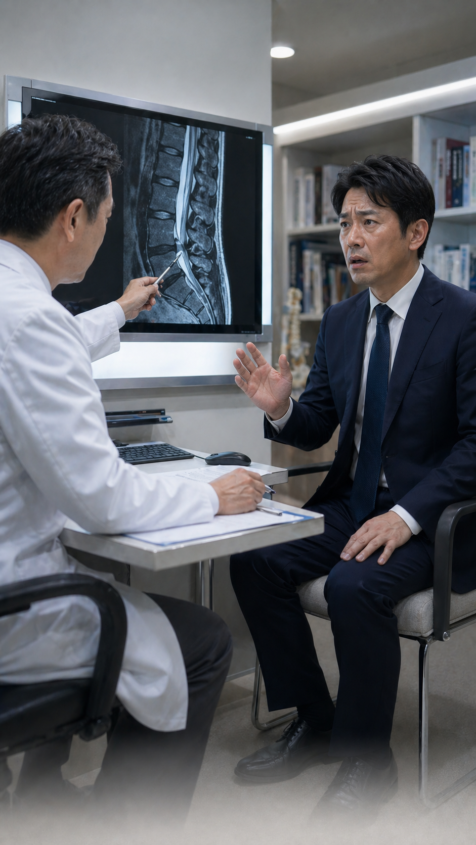 ヘルニア診断を受けて動揺する男性