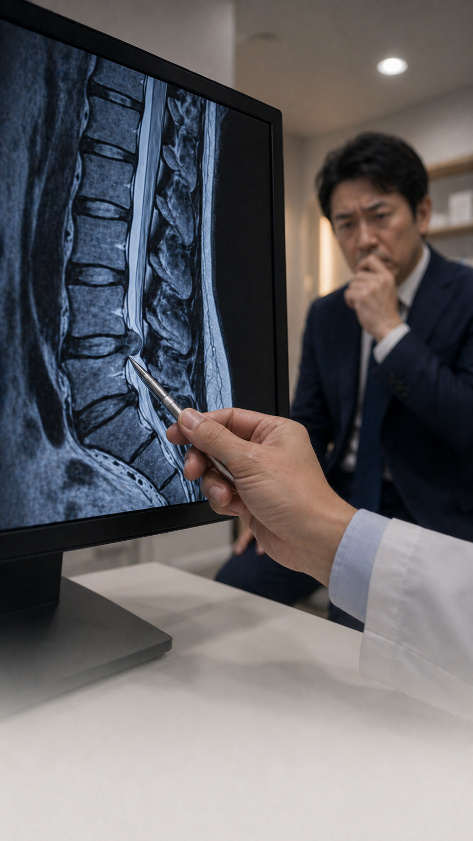 MRI画像を見ながら不安を感じる男性